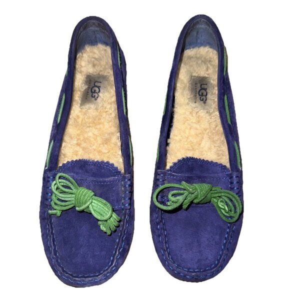 UGG Shoes - UGG Purple with Green Bow Suede Leather Sherpa Slip On Slippers Size 7.5